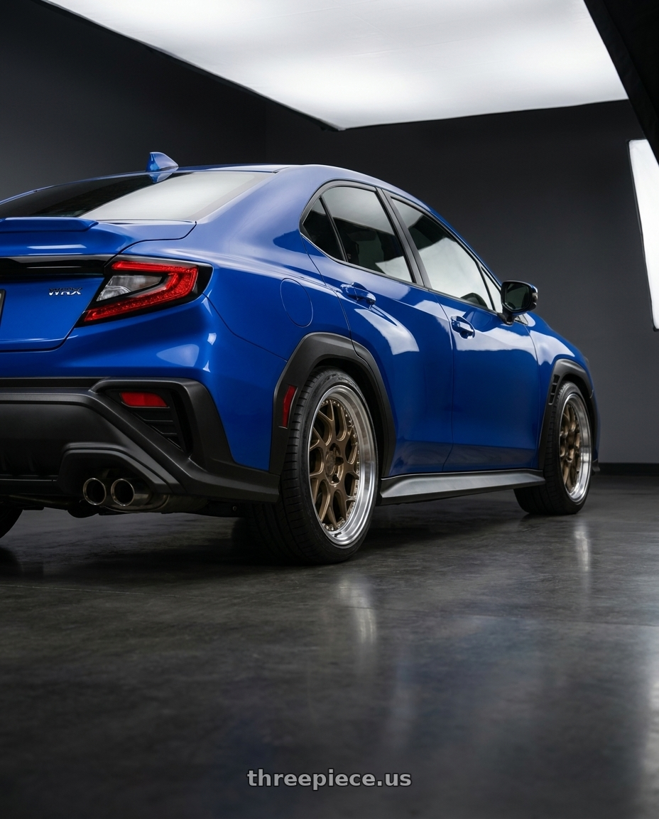 2023 Subaru WRX with Aodhan DS01 5x114.3 18x8.5+35 Bronze w/Machined Lip wheels rear three quarter view square tires