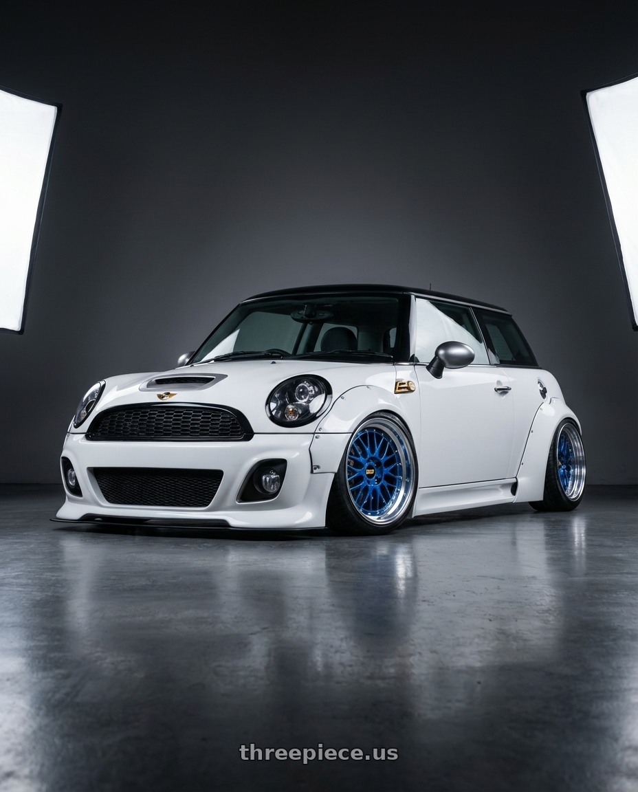 2009 Mini cooper with BBS LM 5x120 17x8.5 +18 White w/ Blue Metallic Flake / Diamond Cut Lip wheels