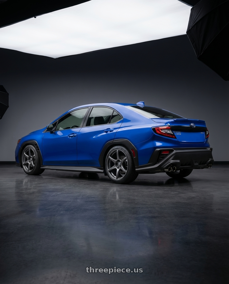 2024 Subaru WRX with Kansei K11G Tandem 5x114.3 18x8.5 35 Gunmetal wheels rear three quarter view square tires