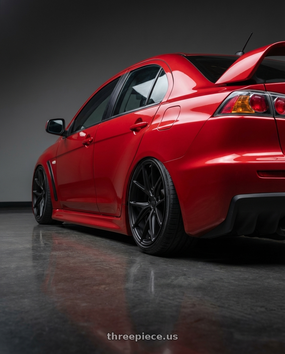 2012 Mitsubishi Lancer Evo X with Niche 1PC M117 MISANO 5X114.3 18X8 +42 MATTE BLACK wheels rear three quarter view slight stretch tires