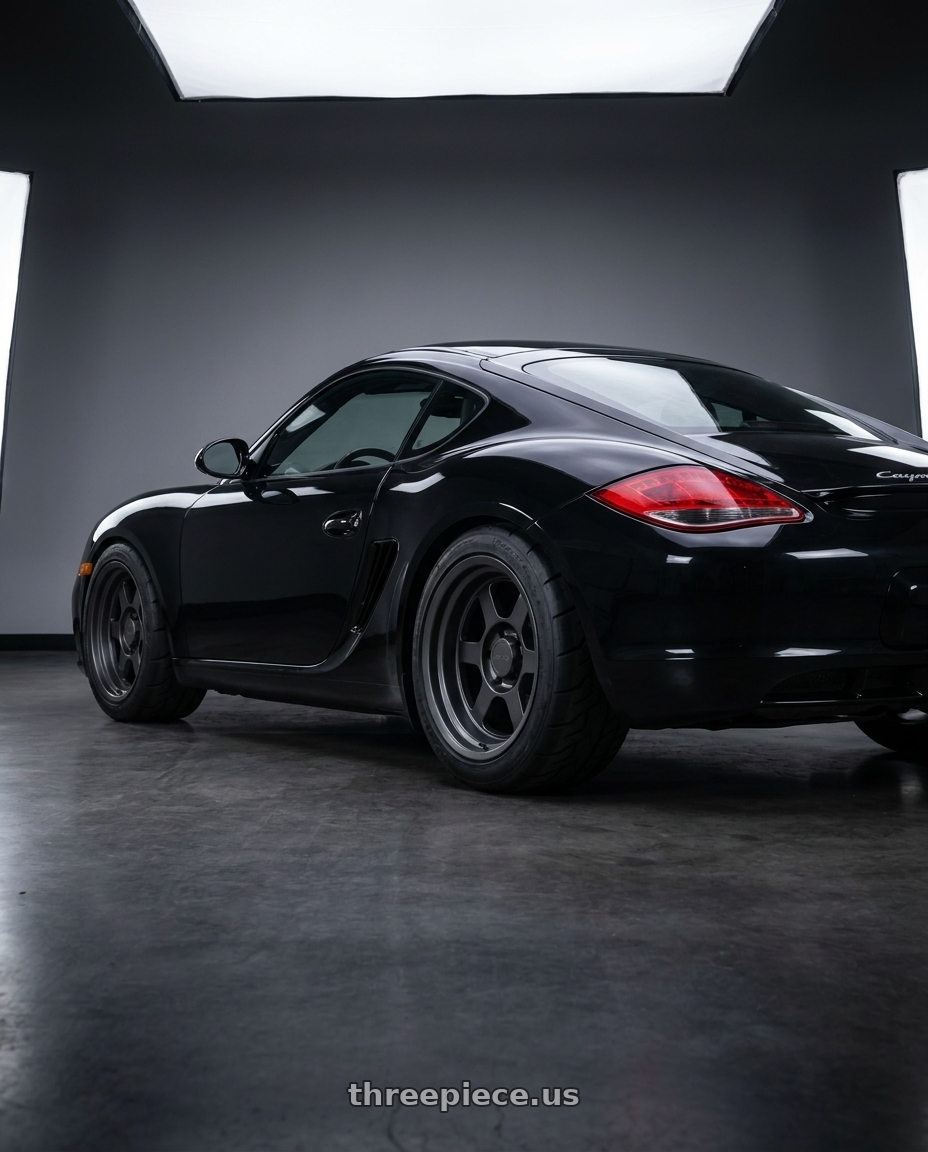 2011 Porche Cayman S with 9six9 SIX-1 Deep 5x127 17X8.5 -10 Carbon Gray wheels rear three quarter view meaty tires