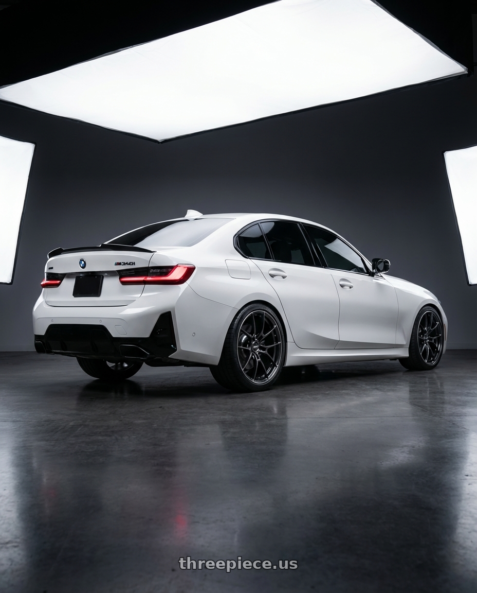 2024 BMW M340i with Volk Racing G025 5x112 19x9.5 +25 SHINING BLACK METAL/ RIM EDGE DC wheels rear three quarter view square tires