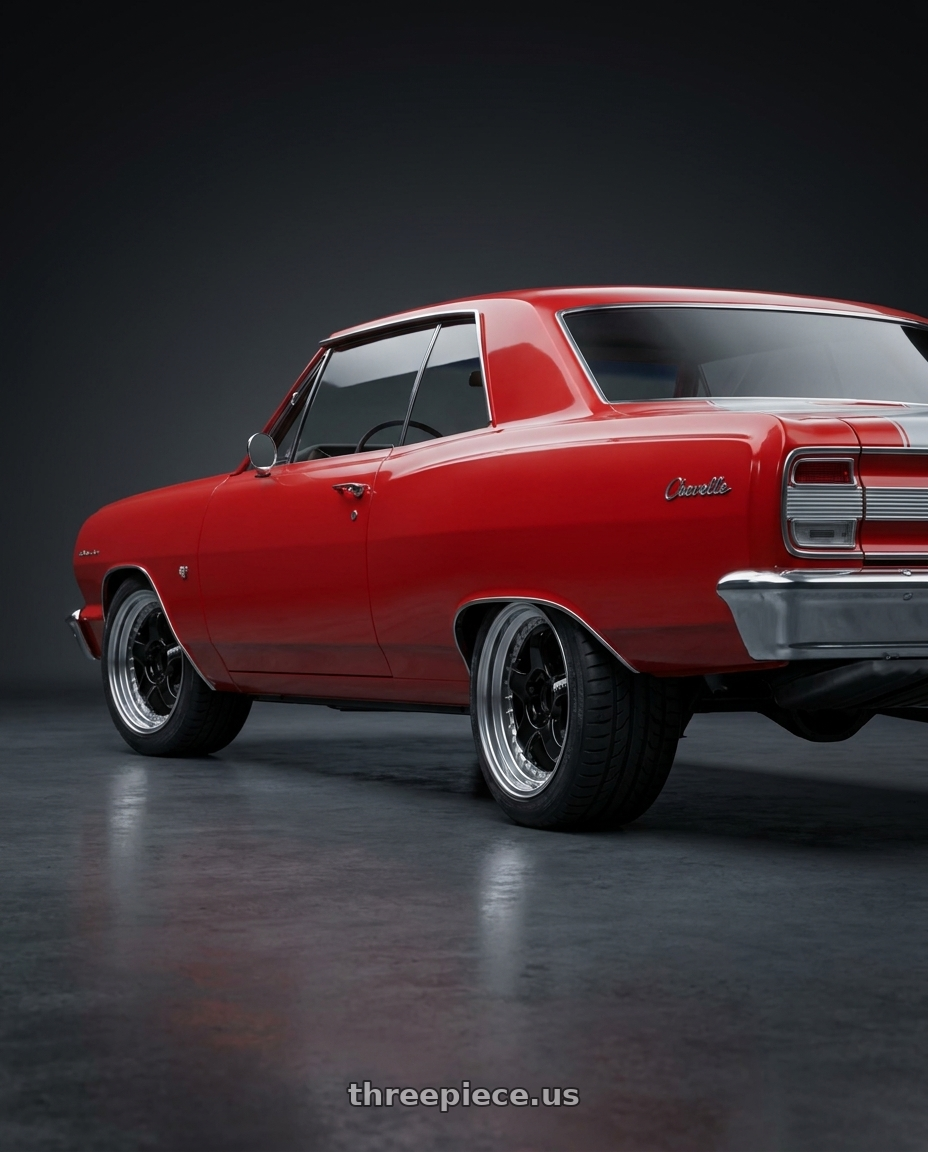 1964 Chevrolet chevelle ss with Work Meister S1 3P 5x120.65 18x7.5+10 L Disk Black wheels rear three quarter view square tires