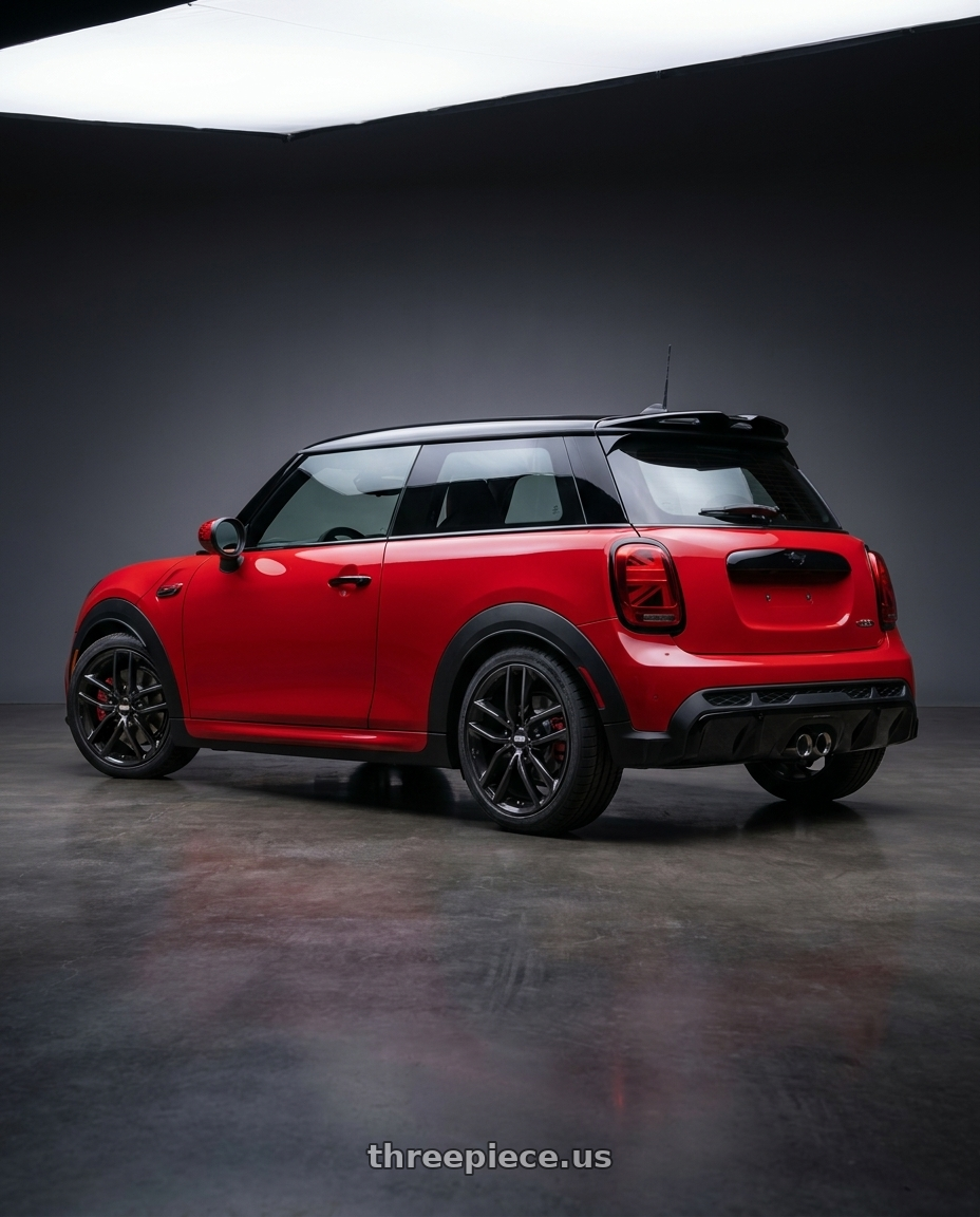 2025 mini jcw red with BBS SX 5x112 18x8 +44 Crystal Black wheels rear three quarter view square tires