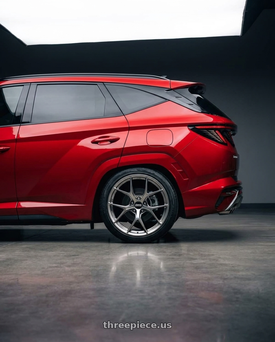 2022 Hyundai Tucson N line with BBS FI-R Evo CL 20x9.5+44 Platinum Silver wheels rear three quarter view slight stretch tires