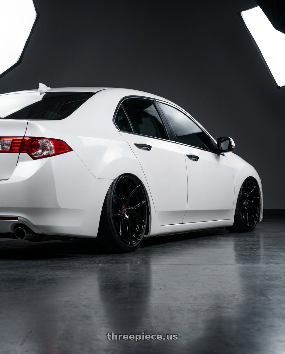 2013 Acura TSX with Vossen HF-5 19x9.5 / 5x114.3 / ET40 / Deep Face / 73.1 - Gloss Black Wheel - HF5-9N63 wheels rear three quarter view slight stretch tires