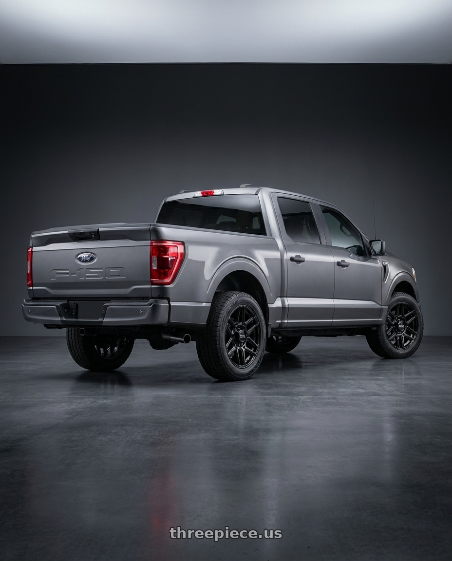 2021 Ford F-150 XL with Ion Type 146 6x135 20x9+18 Gloss Black wheels rear three quarter view square tires