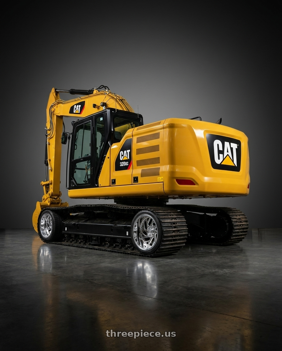 2021 cat 320gc with Carolina Forged Florence 5x135 20x12 -44 High Polish wheels rear three quarter view square tires