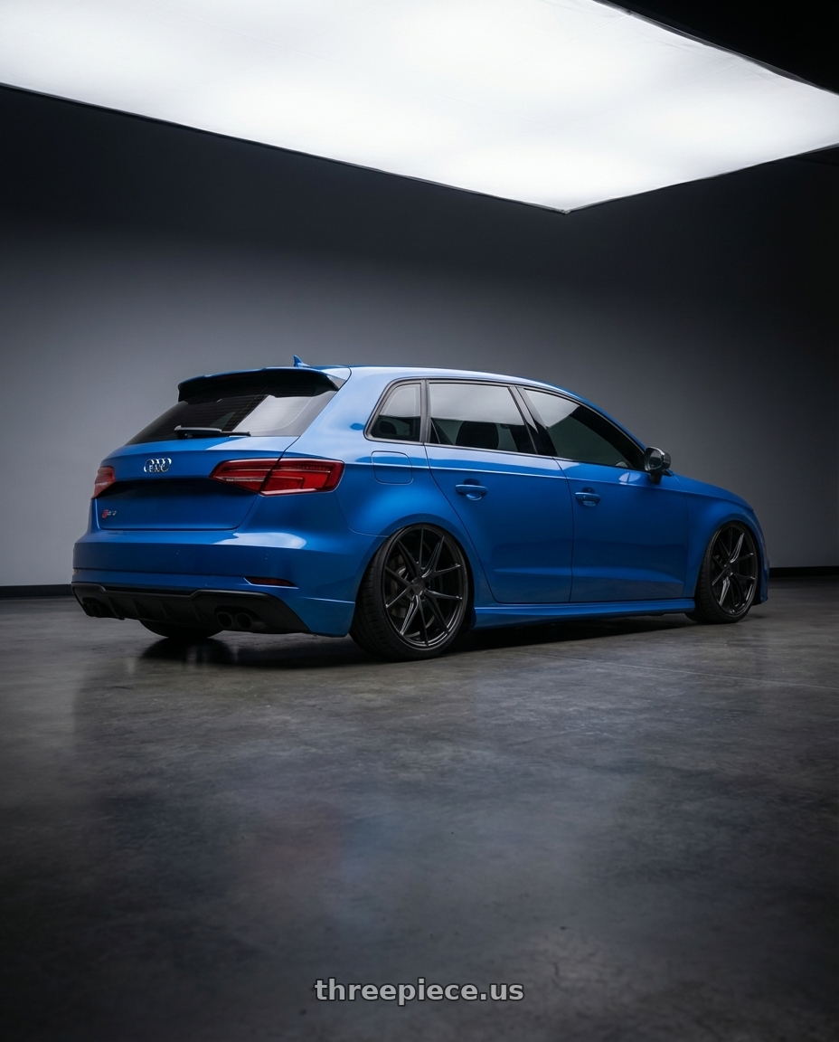 2019 Audi S3 8V with Niche 1PC M117 MISANO 5X112 19X8.5 +34 MATTE BLACK wheels rear three quarter view slight stretch tires