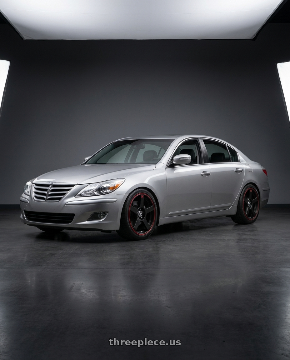 2012 Hyundai Genesis with Motegi MR116 FS5 5X112/5X114.3 18X8 +35 MATTE BLACK RED RACING STRIPE wheels