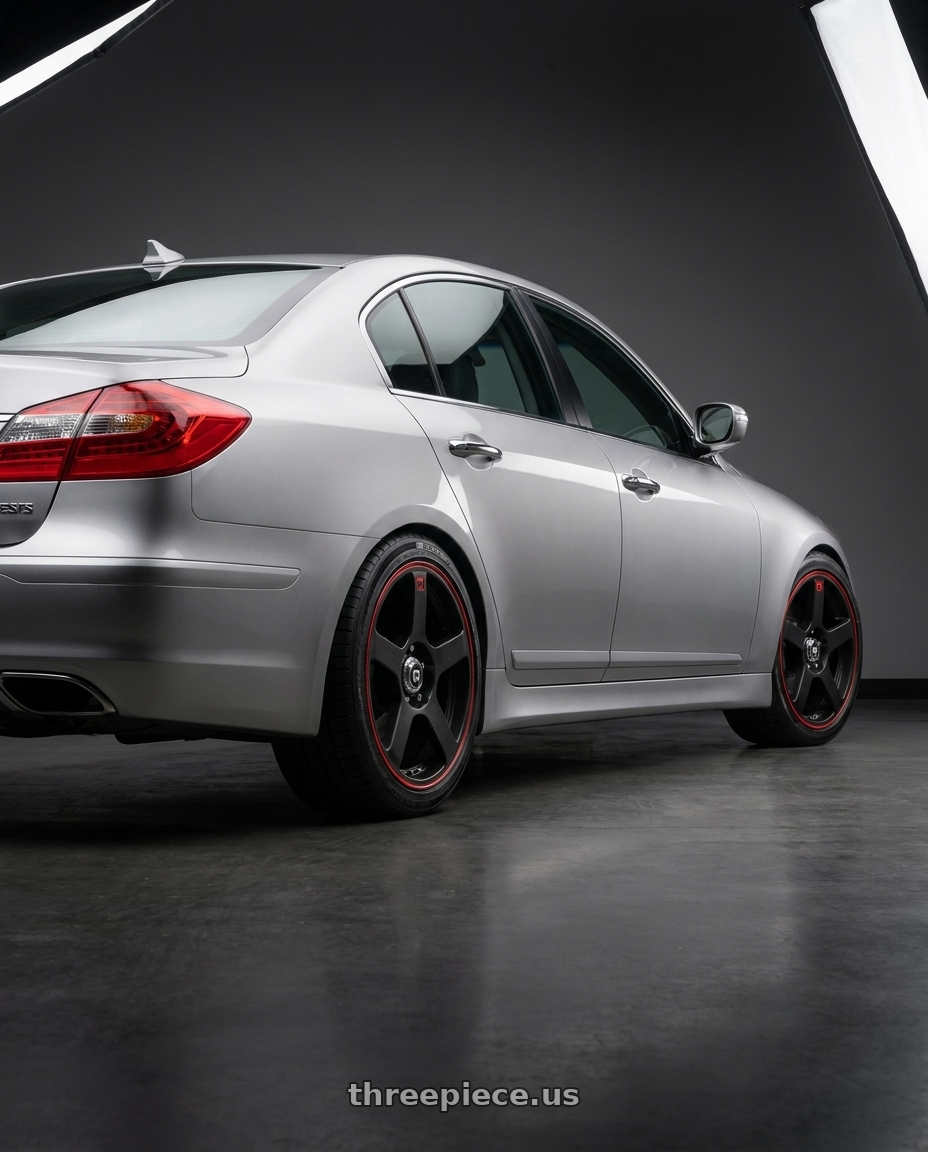 2012 Hyundai Genesis with Motegi MR116 FS5 5X112/5X114.3 18X8 +35 MATTE BLACK RED RACING STRIPE wheels rear three quarter view square tires