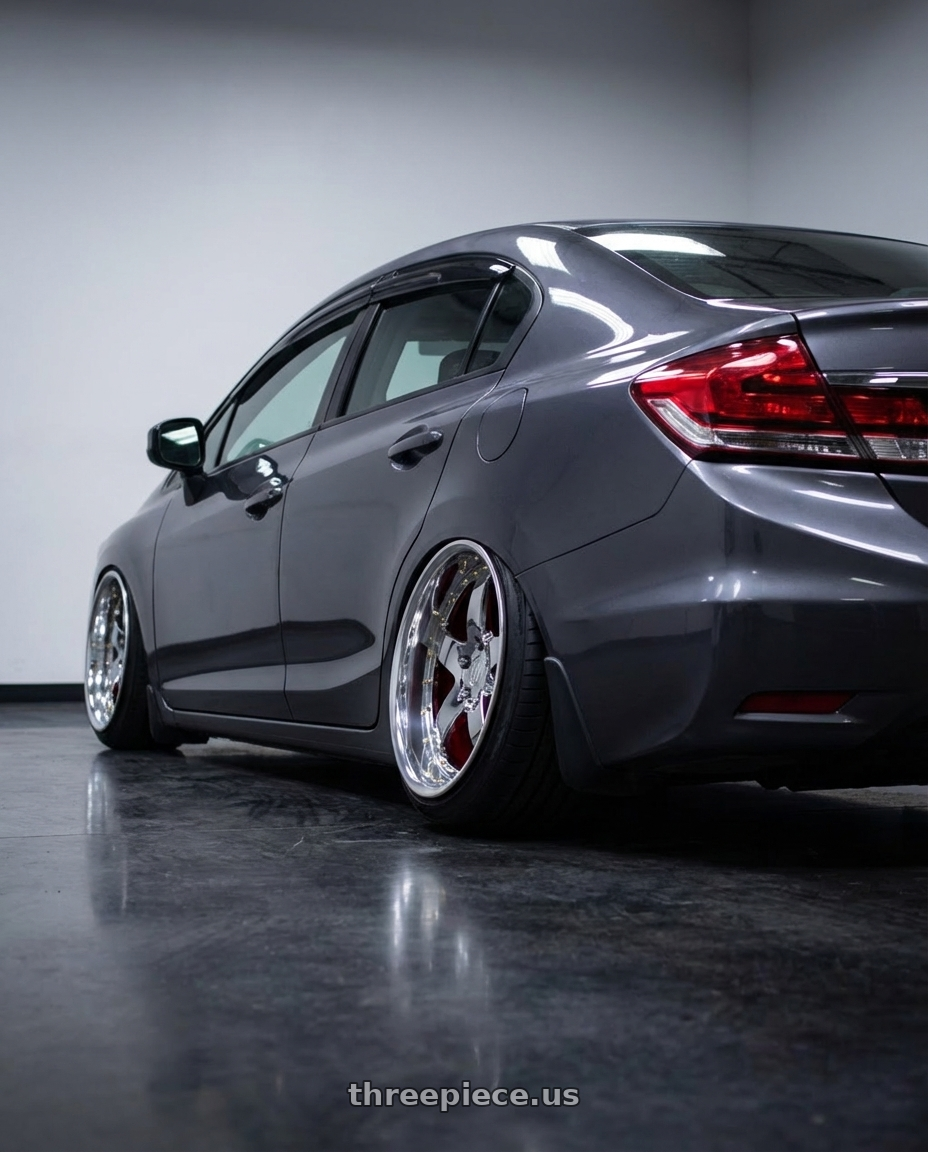 2015 honda civic sedan with Heritage Wheel EMPIRE wheels rear three quarter view extreme stretch tires