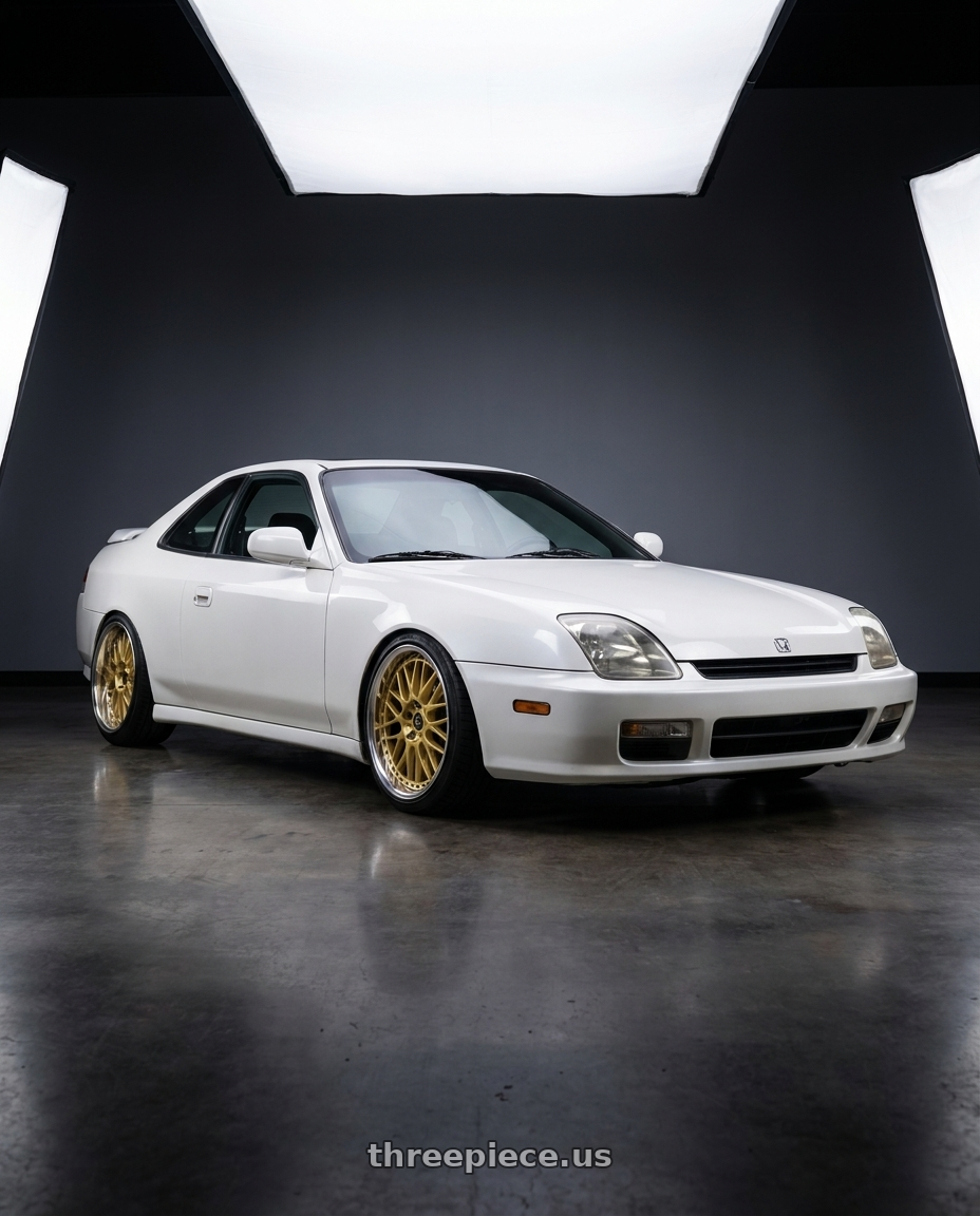 2000 Honda Prelude with Work Vs-Xx 5x114.3 19x9.5+28 R Disk Gold wheels front three quarter view lowered stance