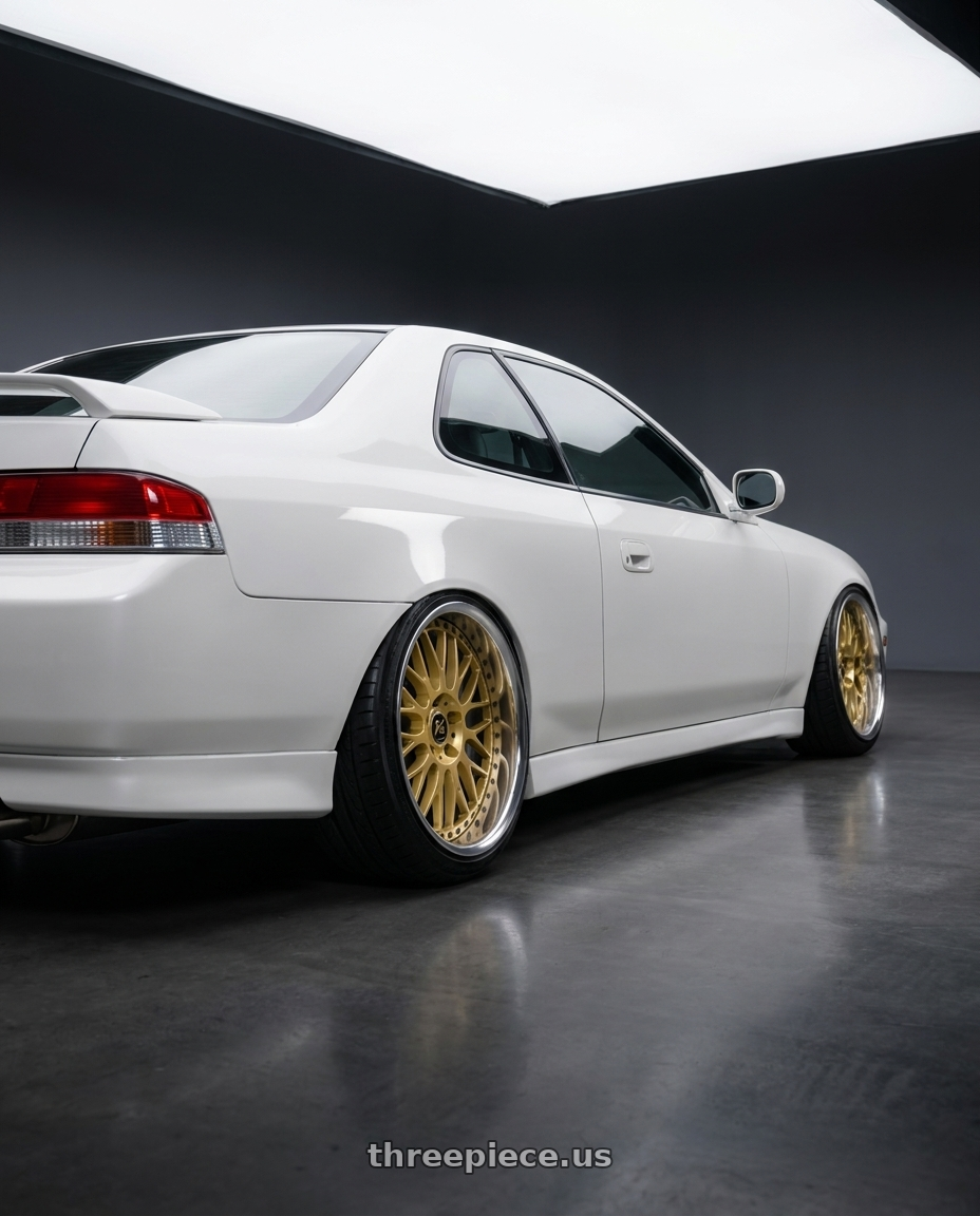 2000 Honda Prelude with Work Vs-Xx 5x114.3 19x9.5+28 R Disk Gold wheels rear three quarter view extreme stretch tires