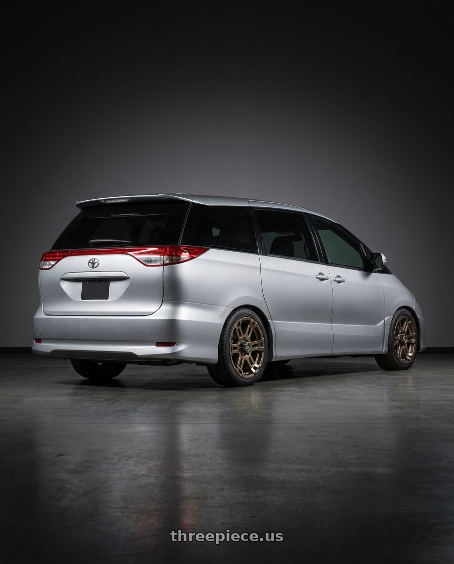2015 Toyota Previa with Enkei Commander 5x127 18x8.5+20 Bronze wheels rear three quarter view square tires