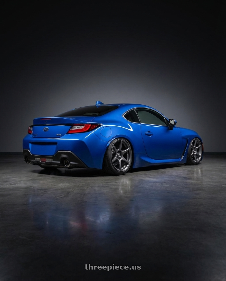 2024 Subaru BRZ with Kansei K11G Tandem 5x114.3 18x10.5 12 Gunmetal wheels rear three quarter view slight stretch tires