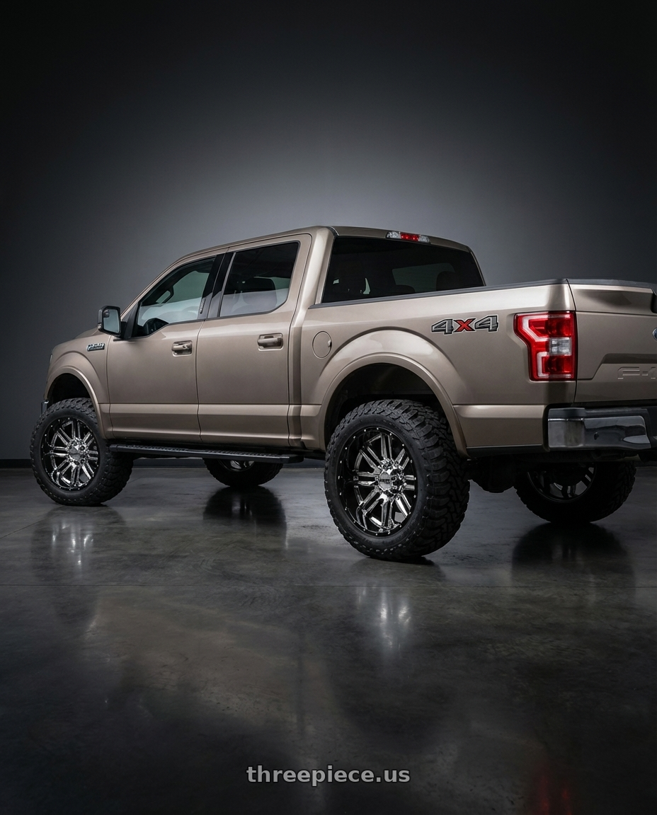2019 Ford F-150 with Moto Metal MO202 6X135 20X12 -44 CHROME CENTER GLOSS BLACK MILLED LIP wheels rear three quarter view meaty tires