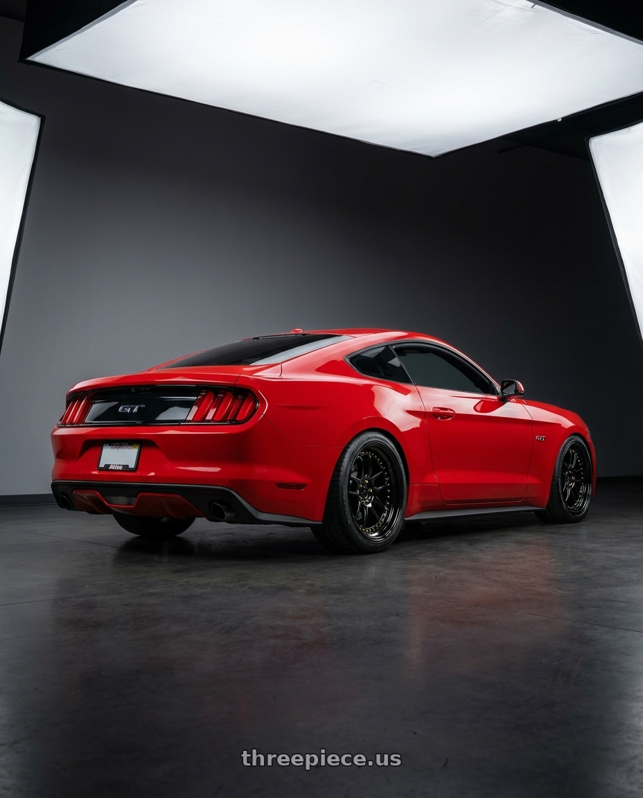 2015 ford mustang gt with Aodhan DS08 5X114.3 19x9.5+30 Gloss Black W /Gold Rivets wheels rear three quarter view square tires