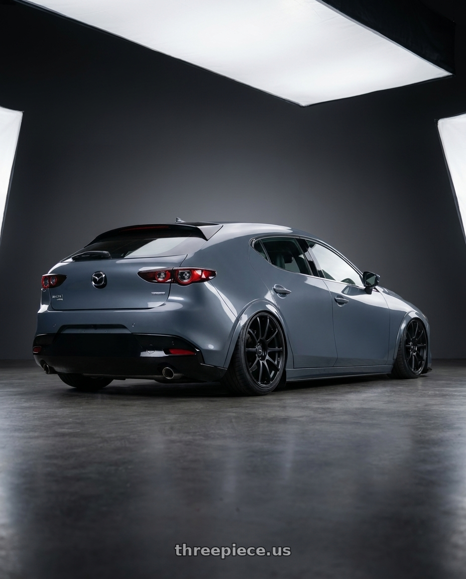 2023 Mazda Mazda3 Turbo with Ssr Gtv02 5x114.3 18x8+35  FLAT BLACK wheels rear three quarter view slight stretch tires