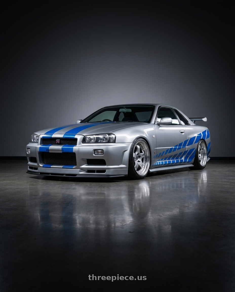1998 Nissan Skyline GT-R R34 with Work Meister S1 3P 5x114.3 19x10+10 O Disk Silver wheels