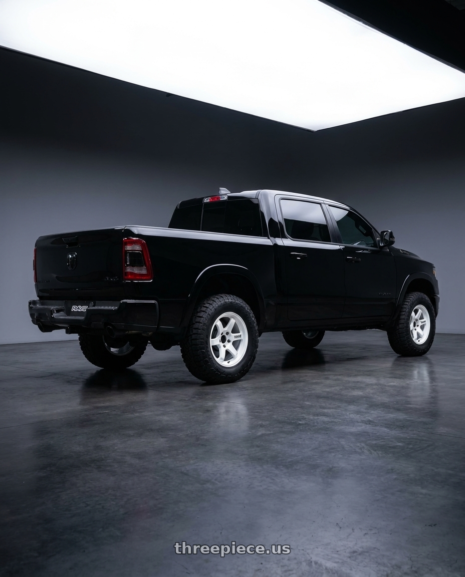 2025 Ram 1500 Lonestar with Volk Racing RAYS 08X 6x139.7 18x8.5-10 Dash White wheels rear three quarter view meaty tires