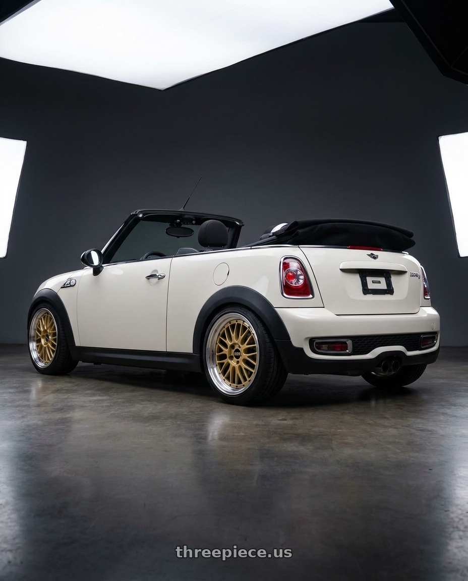 2011 mini cooper s with BBS LM 5x120 19x10.0+25 Gold wheels rear three quarter view slight stretch tires