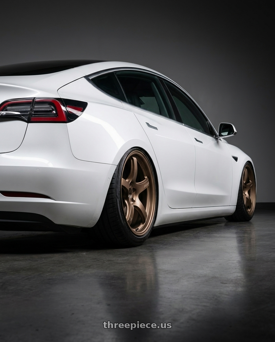 2021 tesla model 3 sr+ white with Gram Lights 57CR 5x114.3 18x9.5+38 Bronze II wheels rear three quarter view extreme stretch tires