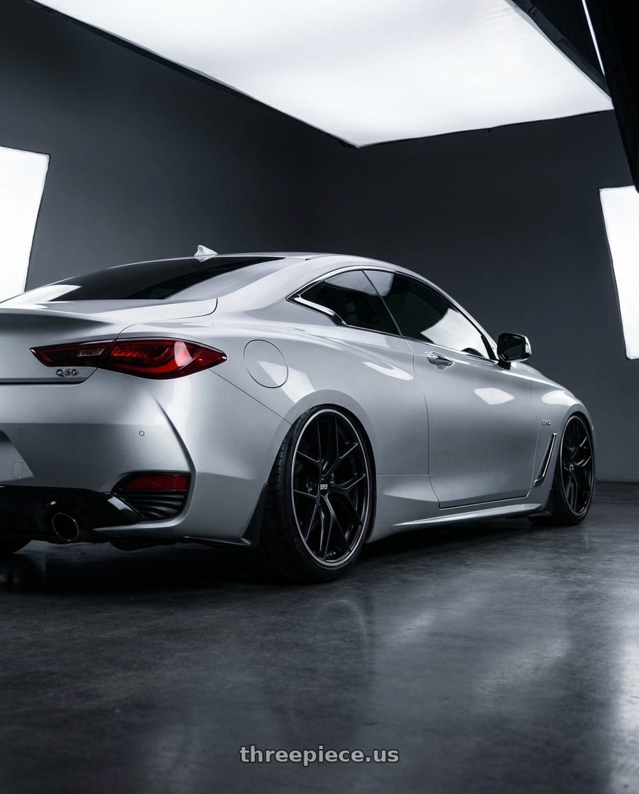 2020 Infiniti Q60 with BBS CC-R 5x114.3 20x10.5+45 Satin Black wheels rear three quarter view slight stretch tires