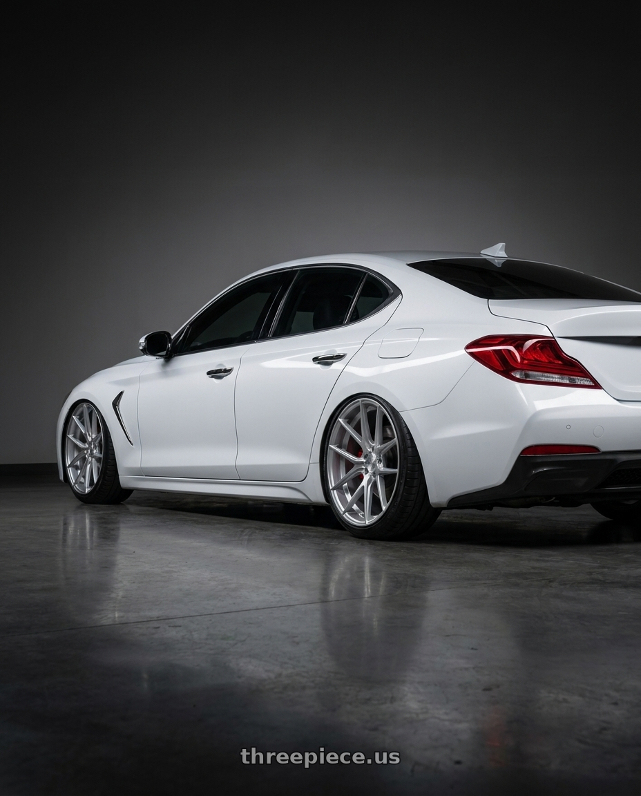 2020 Genesis g70 with Aodhan AFF3 5x114.3 20x10.5+45 Gloss Silver Machined Face wheels rear three quarter view slight stretch tires