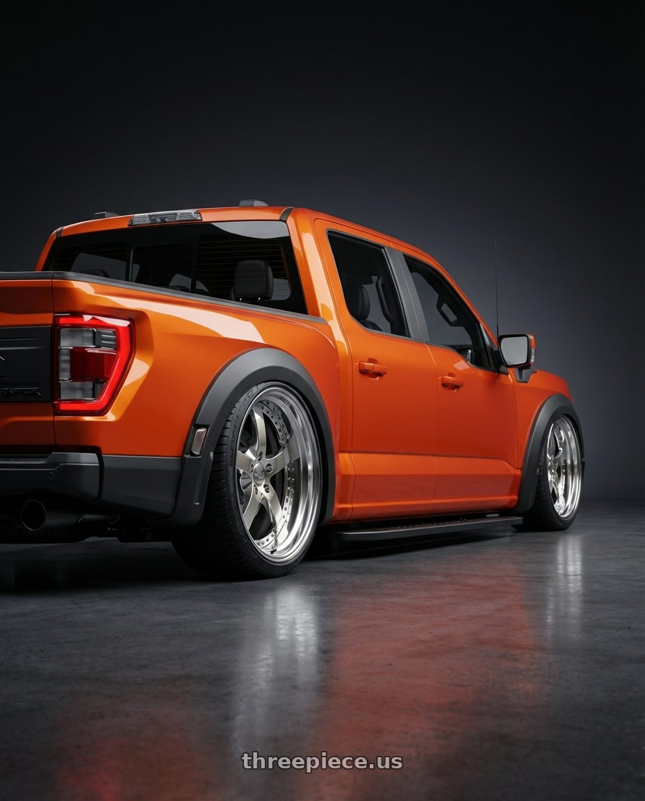 2024 Ford Raptor  with Work Equip E05 5x120 22x8.5+27 a disk Bright Buff Finish wheels rear three quarter view slight stretch tires