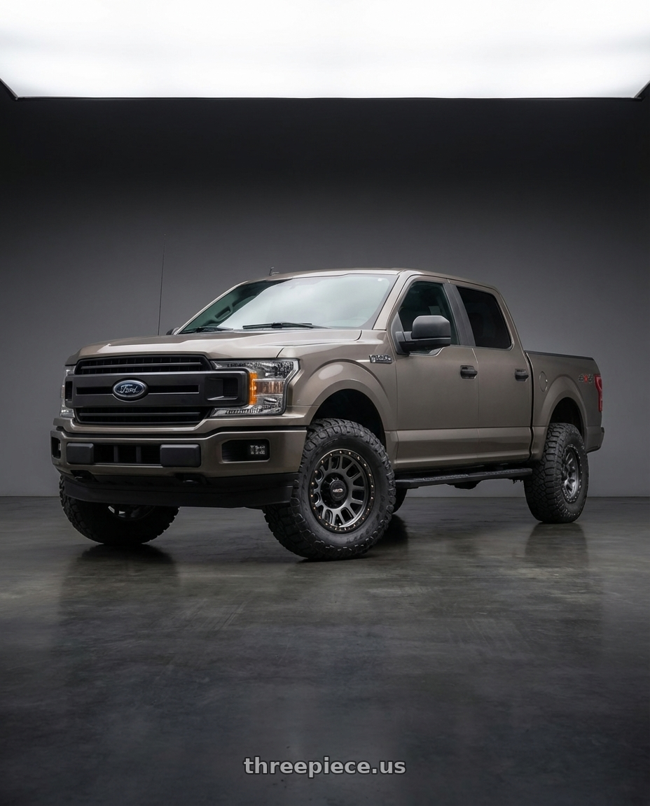 2019 Ford F-150 with Vision Off-Road 111 Nemesis 6x135 20x9+0 Gunmetal wheels front three quarter view stock stance