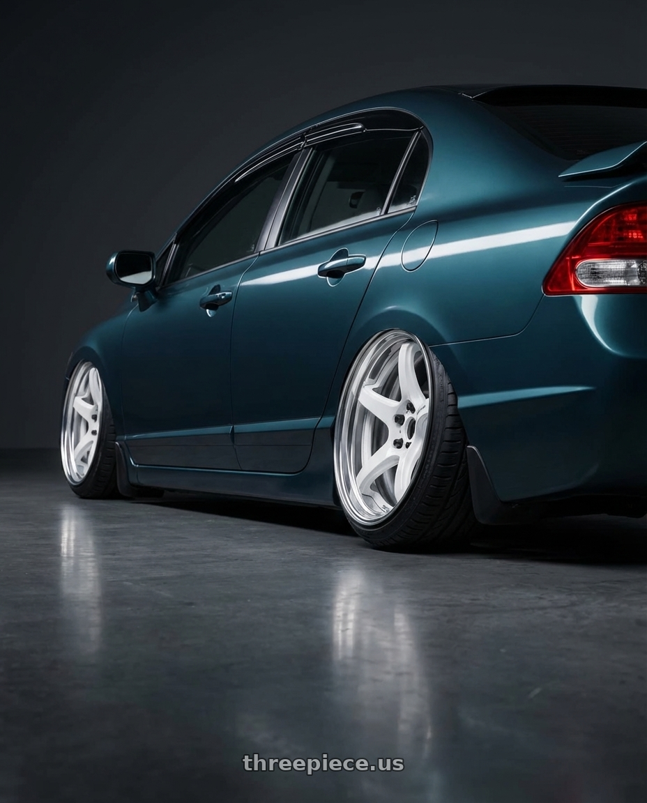 2008 Honda Civic SI with Work T5R 2P 5x112 18x10.0 +0 WHITE wheels rear three quarter view extreme stretch tires