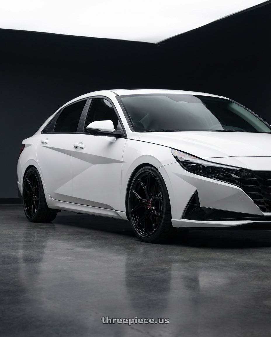 2024 Hyundai Elantra N with Vossen HF-5 19x9.5 / 5x114.3 / ET40 / Deep Face / 73.1 - Gloss Black Wheel - HF5-9N63 wheels front three quarter view lowered stance