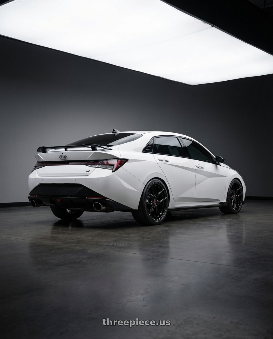 2024 Hyundai Elantra N with Vossen HF-5 19x9.5 / 5x114.3 / ET40 / Deep Face / 73.1 - Gloss Black Wheel - HF5-9N63 wheels rear three quarter view square tires