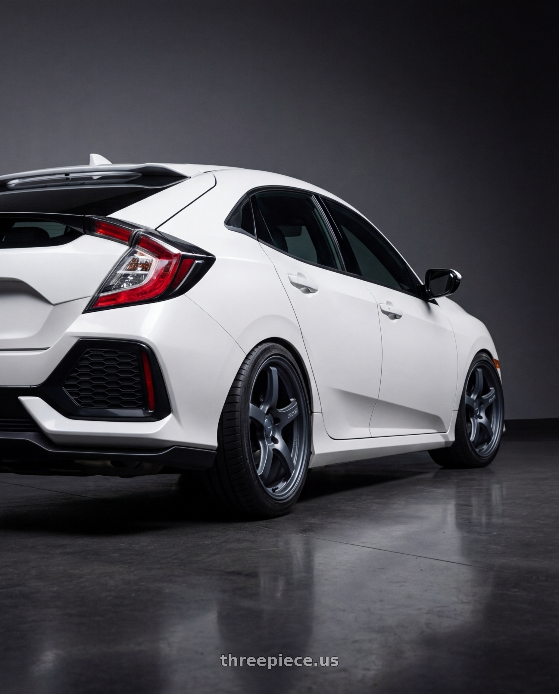 2019 Honda Civic with Gram Lights 57CR 5x114.3 18x8.5+50 Gunblue II wheels rear three quarter view square tires