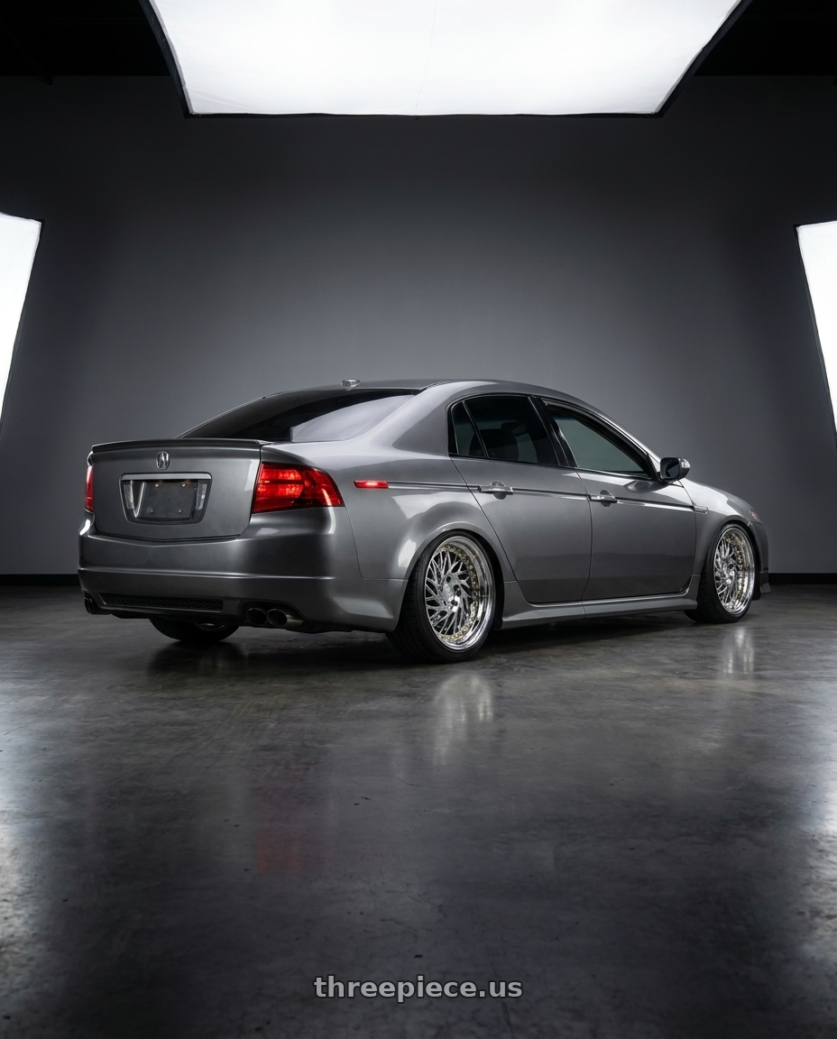 2005 Acura Tl with Aodhan DS03 5x114.3 18x9.5 +30 Vacuum Chrome w/Gold Rivets wheels rear three quarter view square tires