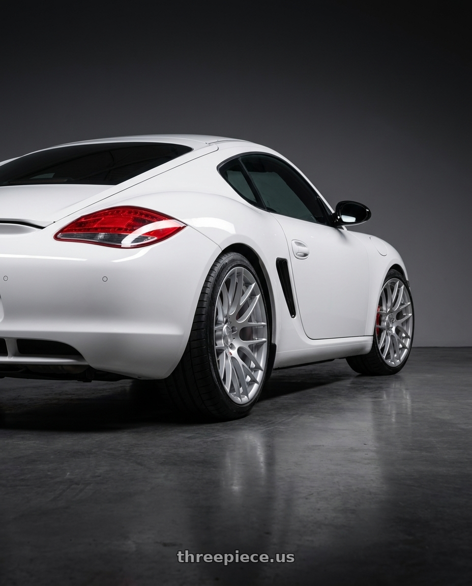 2010 Porsche Cayman 987 2 with Avant Garde Wheels M359 5X120 19x10 +38 Hyper Silver wheels rear three quarter view slight stretch tires