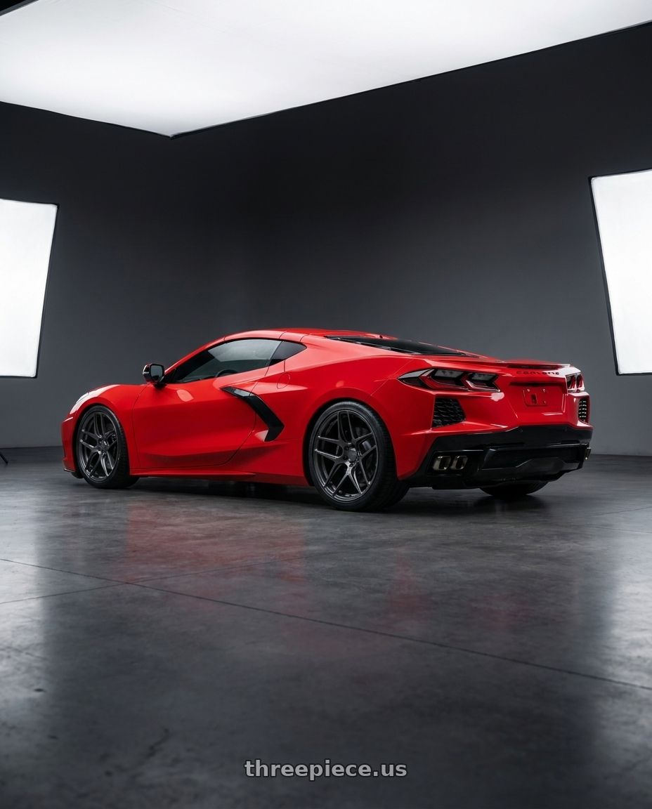 2023 Chevrolet Corvette C8 Stingray with MRR FS1 5x130 18x8.5  +45 Carbon Flash wheels rear three quarter view square tires