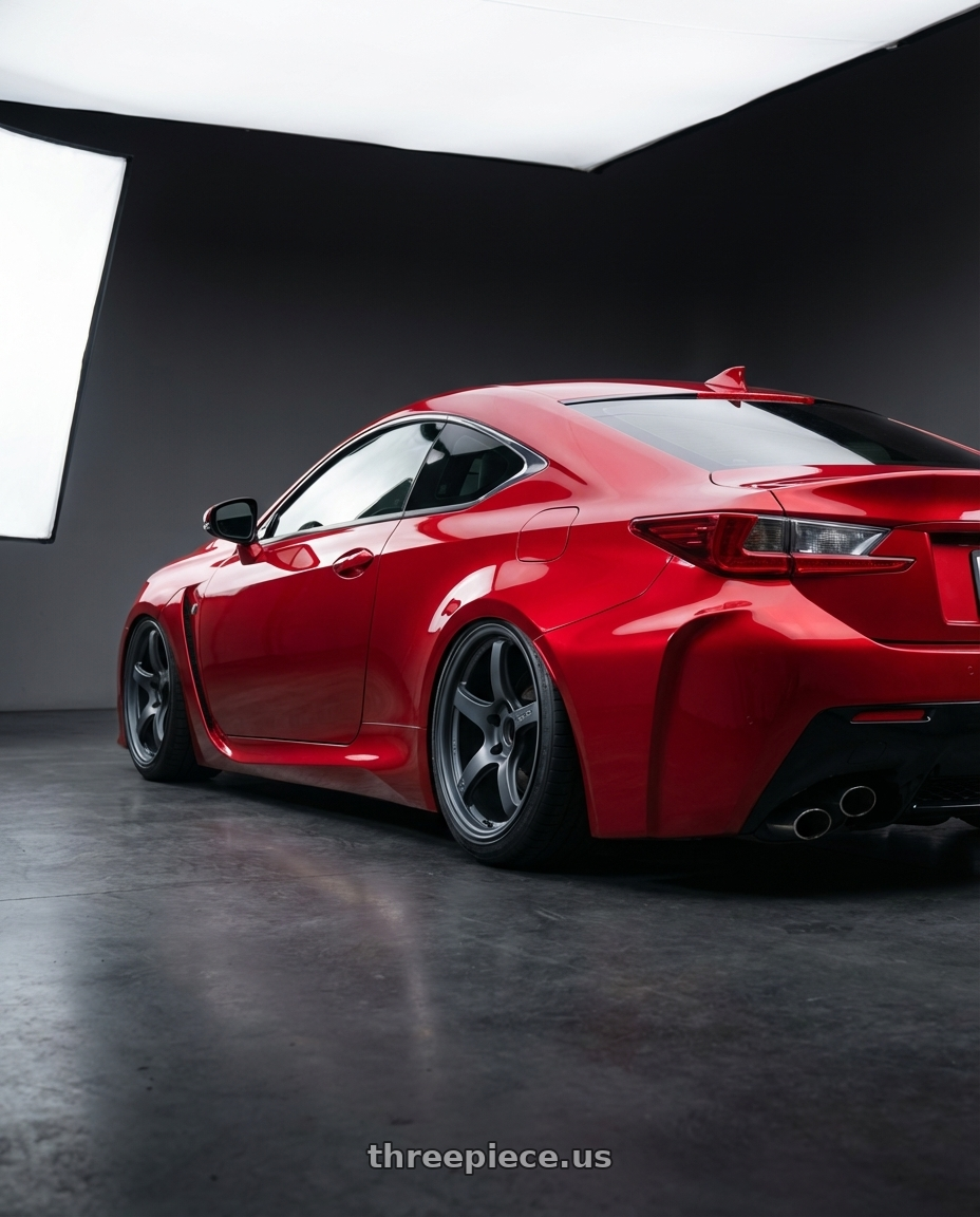 2018 Lexus RC F with Gram Lights 57CR 5x114.3 19x10.5+12 Gunblue II wheels rear three quarter view slight stretch tires