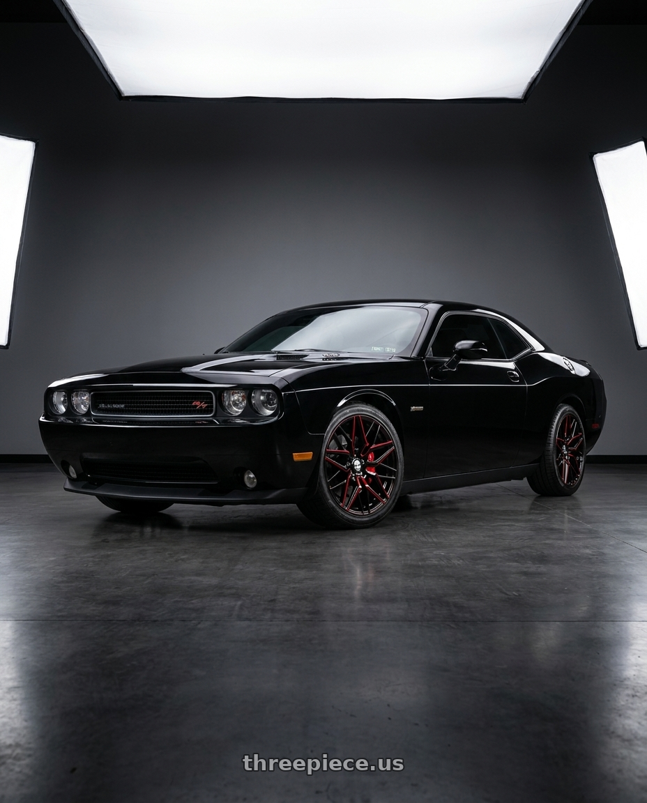2014 dodge challenger black with Shift Spring 5x115 22x9 +15 Gloss Black Candy Red Milled wheels