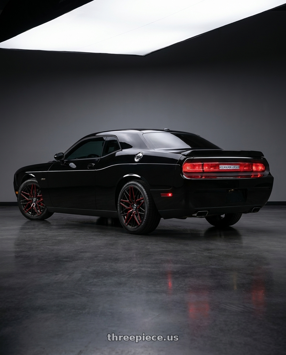 2014 dodge challenger black with Shift Spring 5x115 22x9 +15 Gloss Black Candy Red Milled wheels rear three quarter view square tires