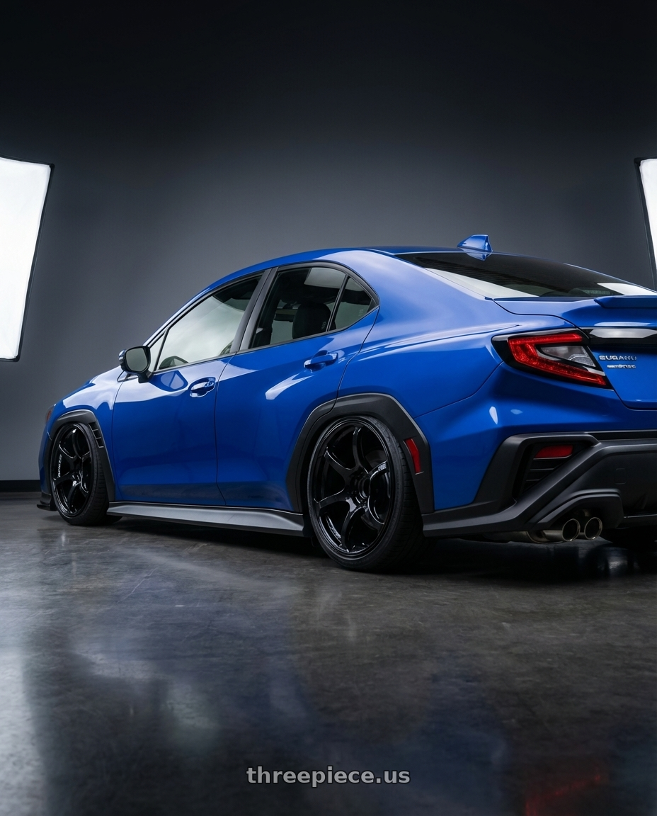 2024 Subaru WRX with Advan RGII 5x114.3 19x10+35 Gloss Black wheels rear three quarter view slight stretch tires