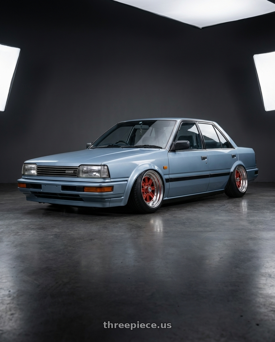 Nissan bluebird 1987 with Speed Star Mk-III 4x100 15X9+0  Silver wheels front three quarter view stanced stance