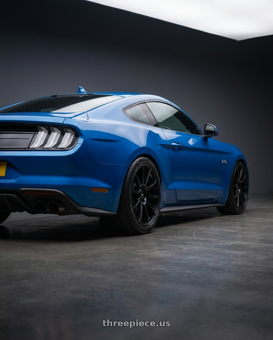 2022 Ford Mustang GT with Ssr Gtv02 5x114.3 19x8.5+38  FLAT BLACK wheels rear three quarter view square tires