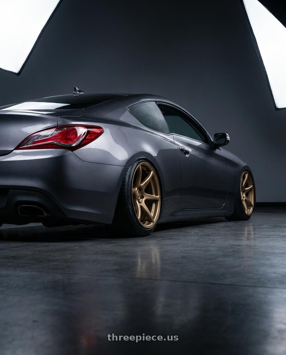 2014 Hyundai Genesis Coupe with Kansei K11B Tandem 5x114.3 19x9.5 22 Bronze wheels rear three quarter view slight stretch tires