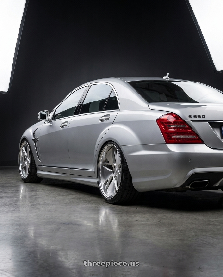 2012 Mercedes S550 with Work Gnosis Cvd 5x114.3 22x10.5+30 O Disk Brush Silver Clear wheels rear three quarter view extreme stretch tires