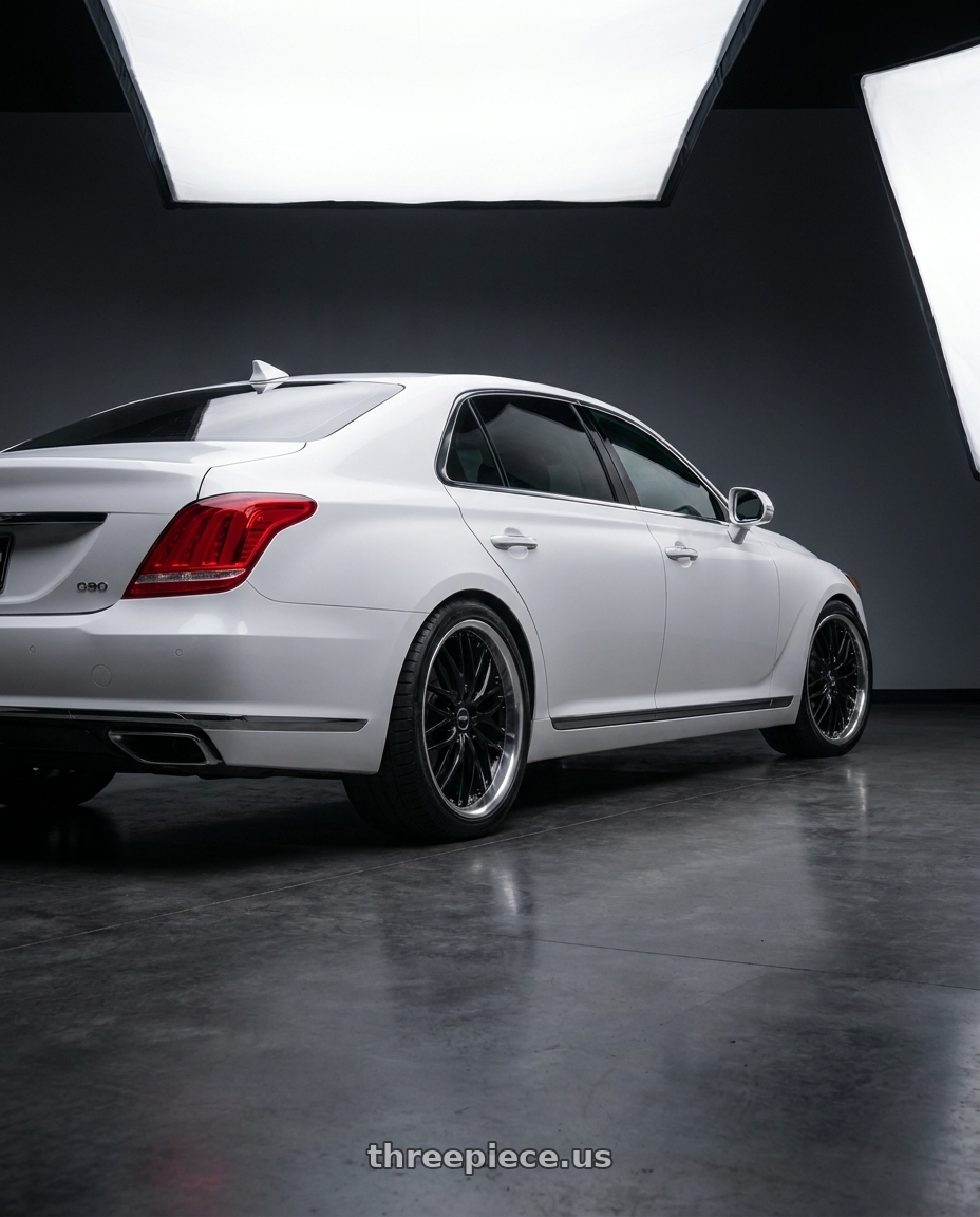 2018 genesis g90 ultimate with MRR GT1 5x112 20x10  +25 Black Machine Lip wheels rear three quarter view square tires