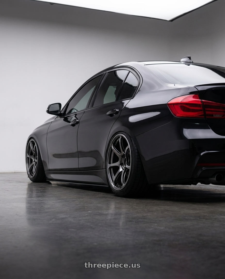 2016 bmw 340i with Advan Racing RG-4 5x120 18x9.5 +38 RACING HYPER BLACK & RING wheels rear three quarter view slight stretch tires