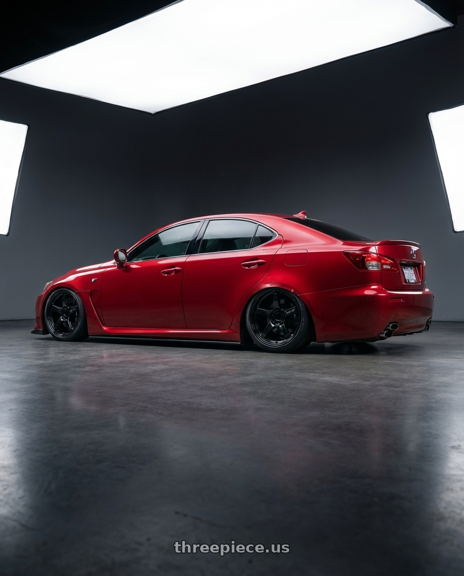 2012 Lexus IS-F with Gram Lights 57CR 5x114.3 19x10.5+12 Glossy Black wheels rear three quarter view slight stretch tires