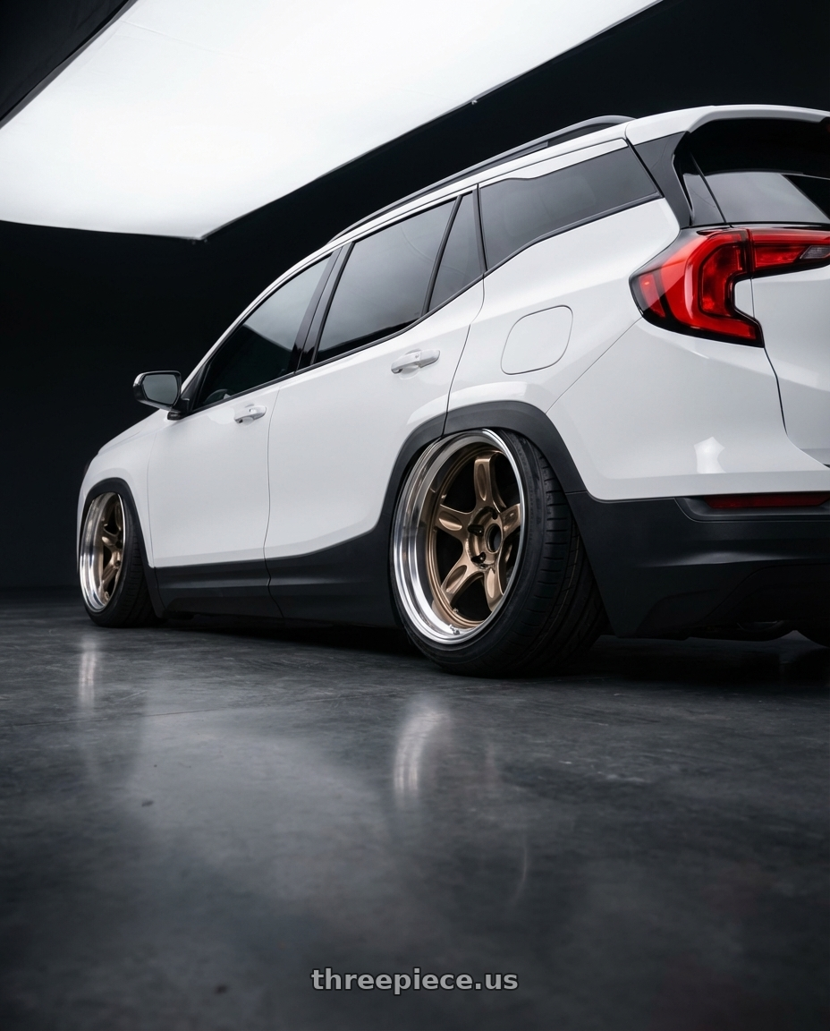 2019 gmc terrain white SLT  with Volk Racing 21C SPEC-SR 5x114.3 18x11 -10 SHINING BRONZE METAL / RIM DC wheels rear three quarter view extreme stretch tires